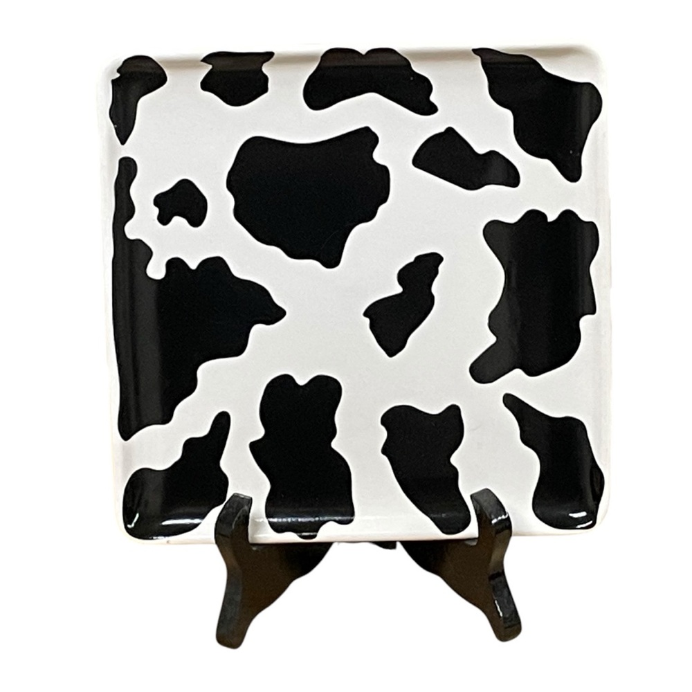 COW Plate HOLSTEIN Black and White print square dairy farm animal luncheon snack